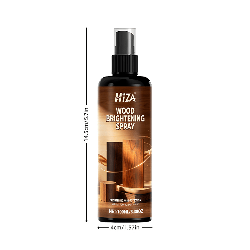 Bouteille noire de spray de lustrage pour bois Hiza et anti-rayures, avec un embout transparent, un bouchon noir et une étiquette brune comportant des surfaces en bois lustrées.