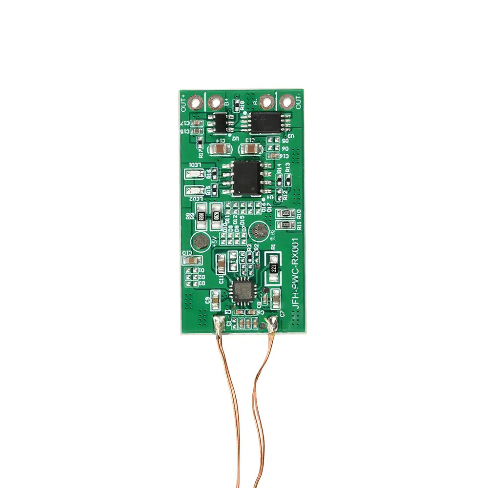 green rectangular circuit board wireless charging receiver module with copper wires extending from the bottom edge for 5w 3.7v battery use