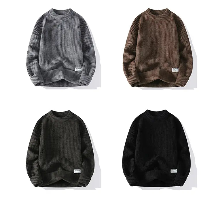 Moownuc Herren-Waffelstrick-Pullover im lässigen Stil in Grau, Braun, Schwarz und Dunkelgrau mit einem strukturierten Webmuster.