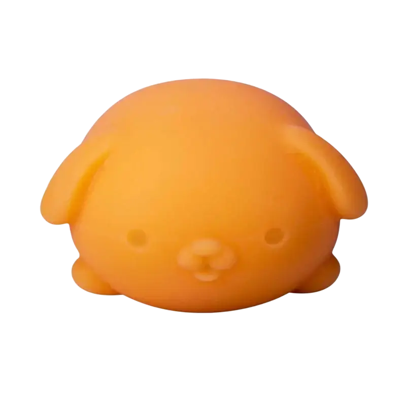 Orange squishy dog-shaped stress ball made of soft silicone tpr material for anxiety relief and sensory fidgeting