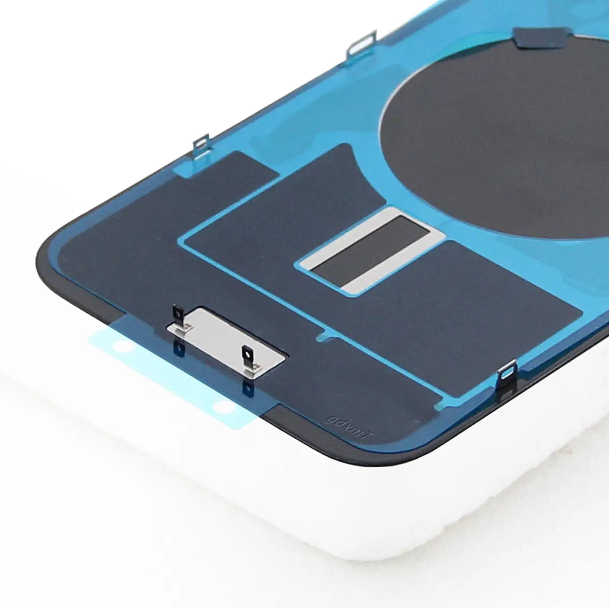 Iphone 16 Plus replacement back cover glass with blue tempered glass back panel, black adhesive layers, circular wireless charging coil, and silver metallic connectors, available with affordable shipping fee.