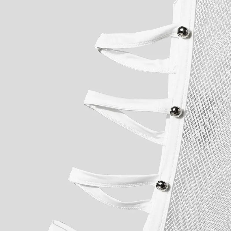 men mesh turtleneck tank top featuring a white mesh fabric with white fabric straps and silver-toned spherical buttons.