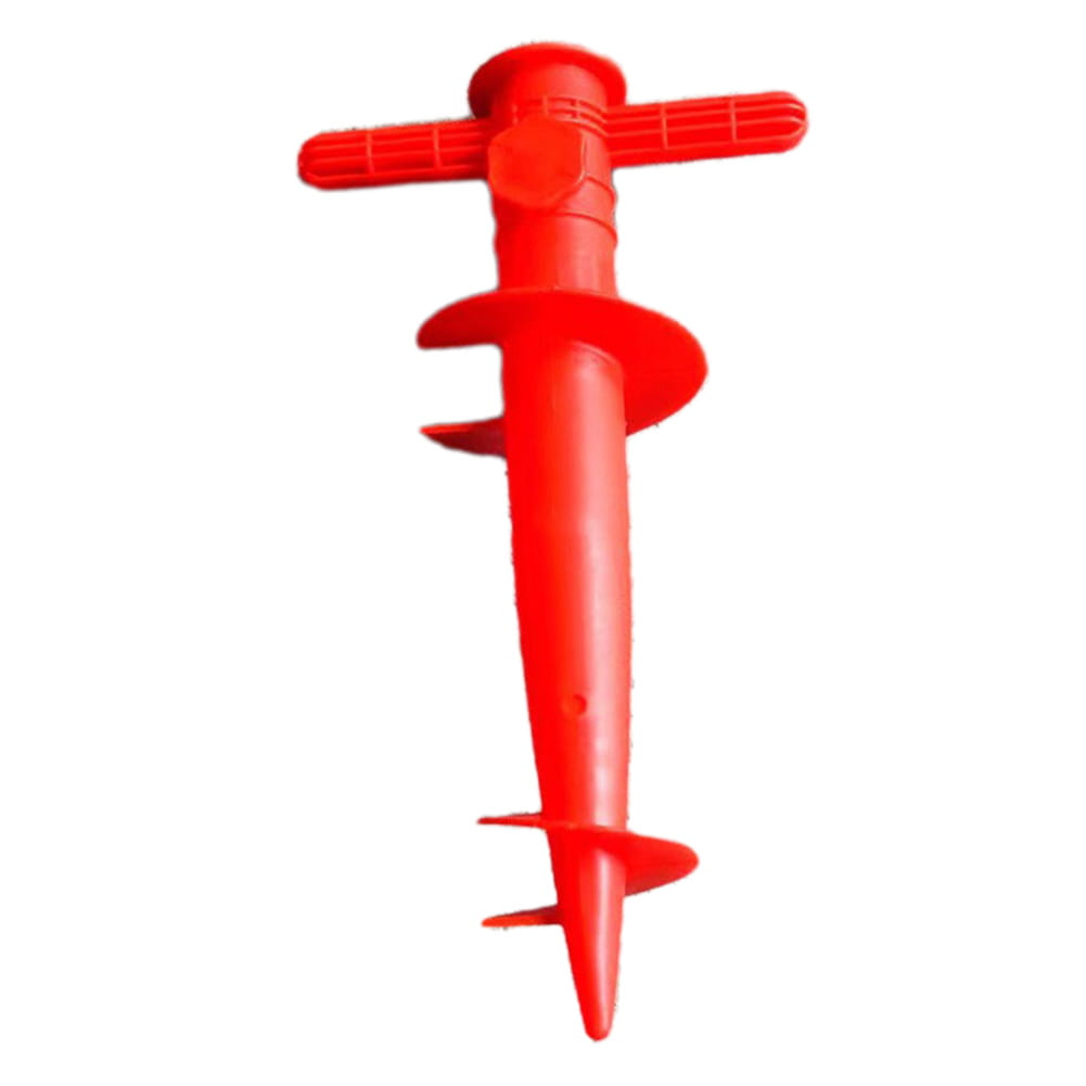 Red plastic garden auger with a t-shaped handle and spiral cutting edges designed as an umbrella base for sand ground and sun beach use.