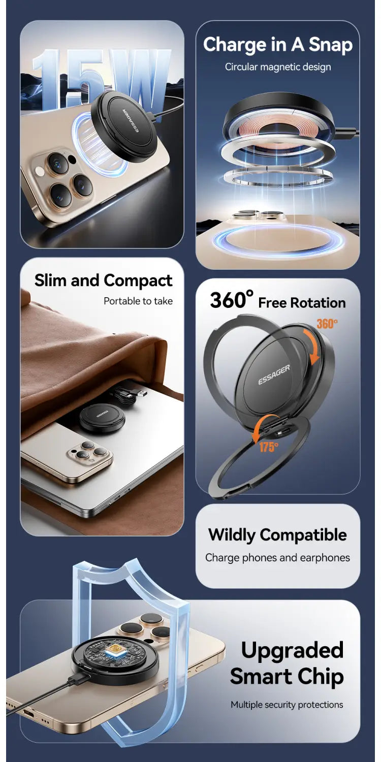 Essager magnetic 15w wireless charger stand in black circular design with sleek slim build and 360-degree rotation capability.