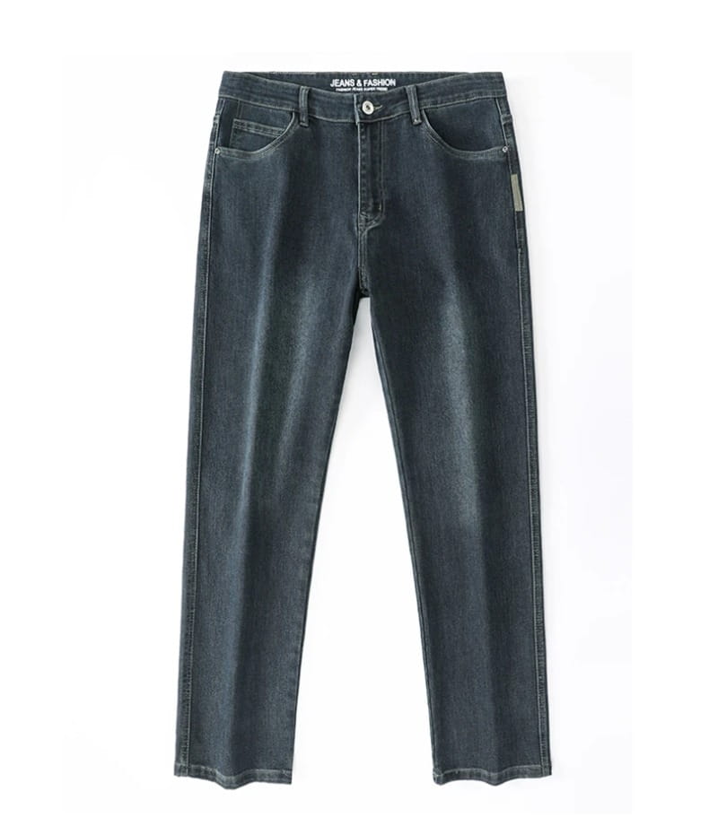 Men’s loose straight business casual jeans in dark-wash denim featuring a straight-leg cut and subtle fading for a modern casual look.