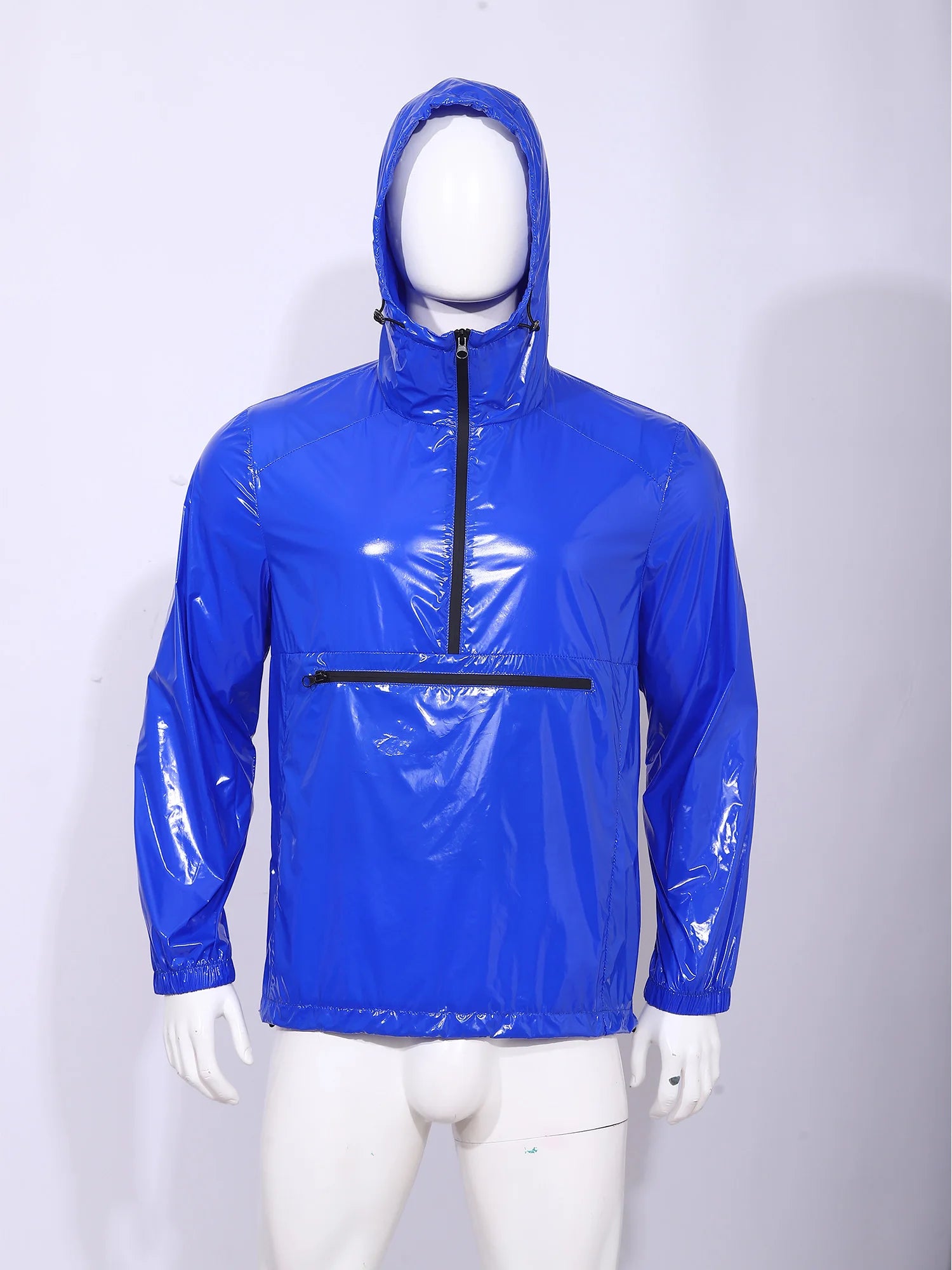 Men waterproof glossy rain jacket windbreaker in vibrant royal blue with a waterproof hooded design, glossy reflective finish, and black zipper accents.