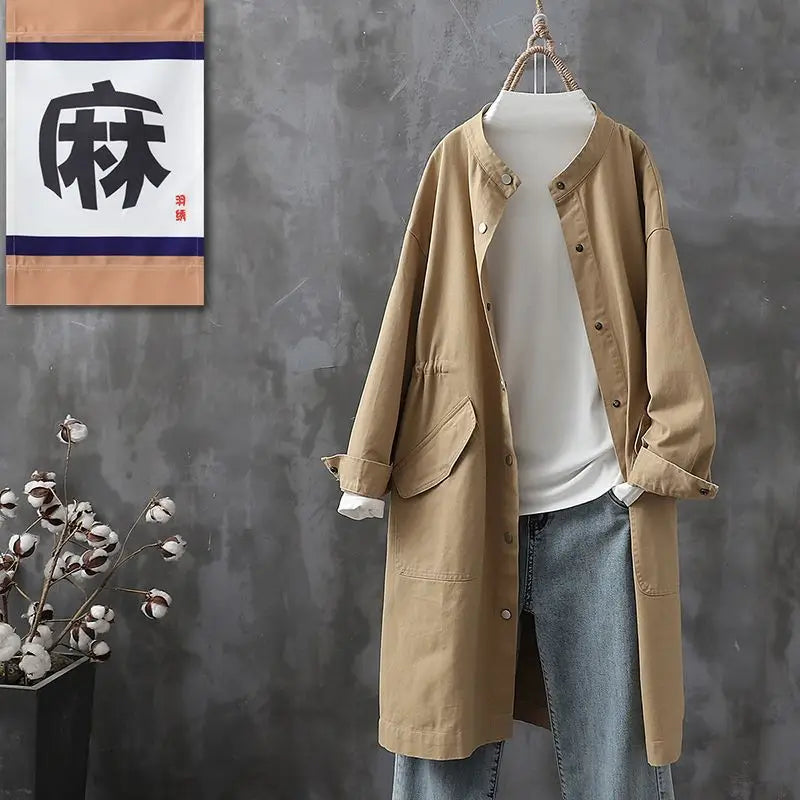 Long Trench Women Solid Round Neck Single Breasted Jackets Full Sleeve Casual Loose Pockets Coats Cardigan Lady Spring Autumn