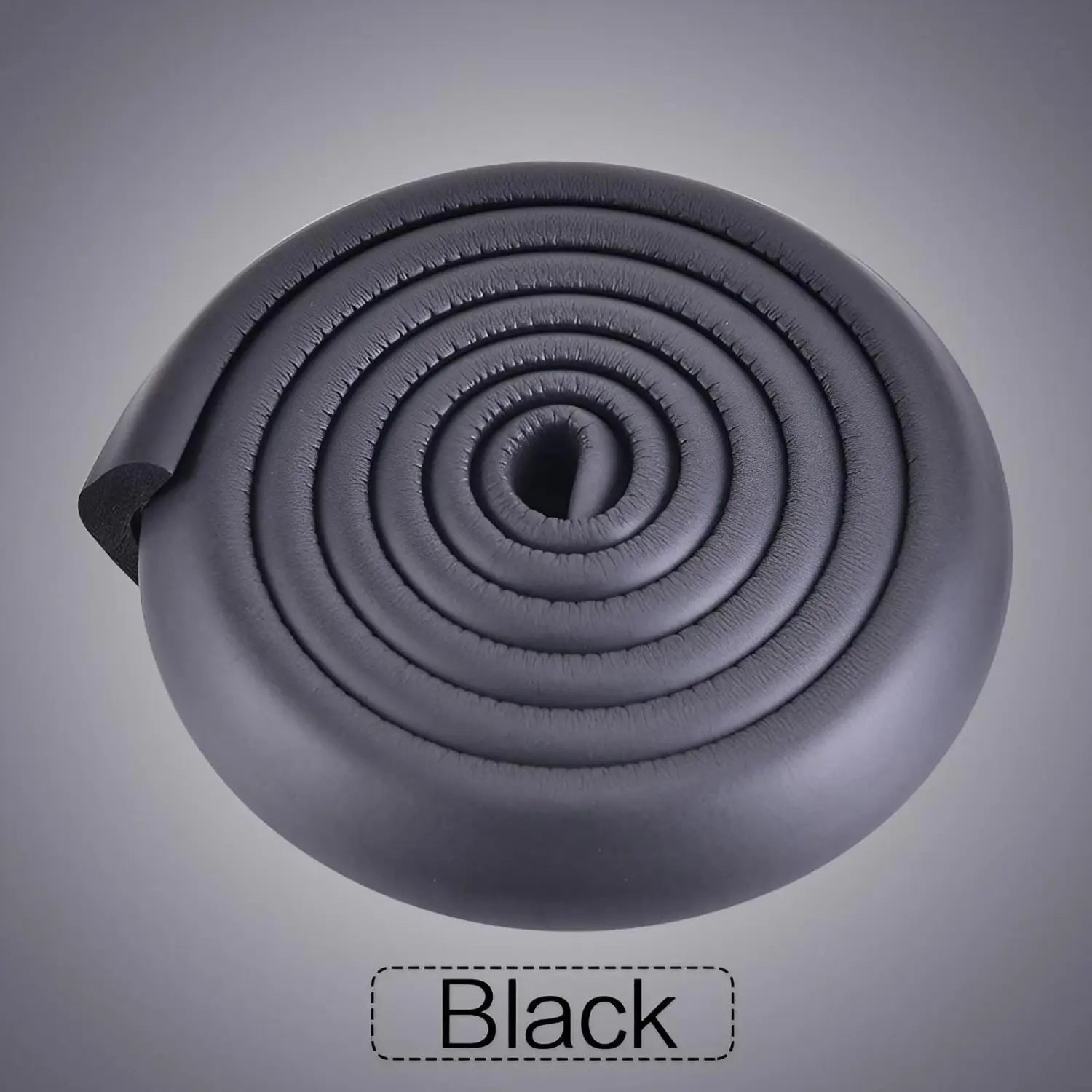 Black flexible foam edge protector with a textured surface and rounded profile for child safety bumper strip thick l shape guard.