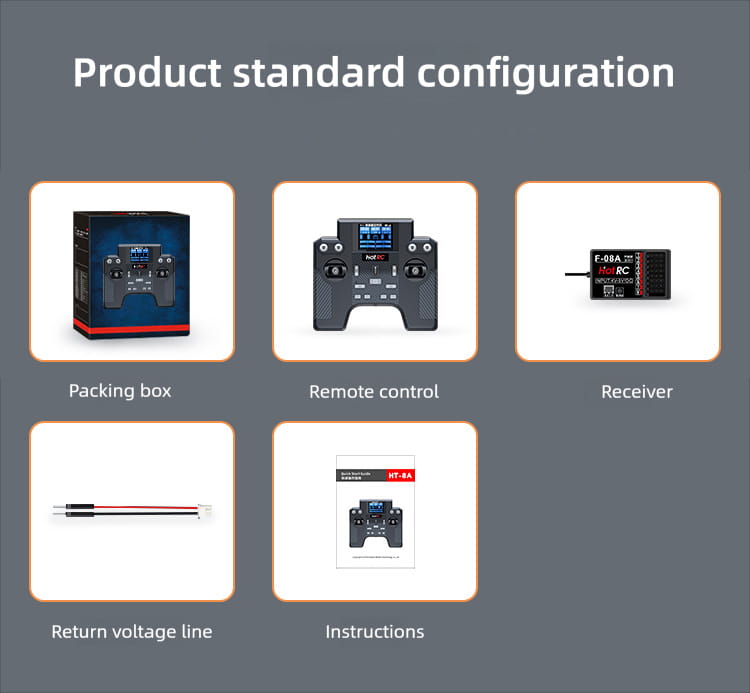 Black ht-8a 8 channel remote control transmitter kit with digital display and textured grip for enhanced handling.