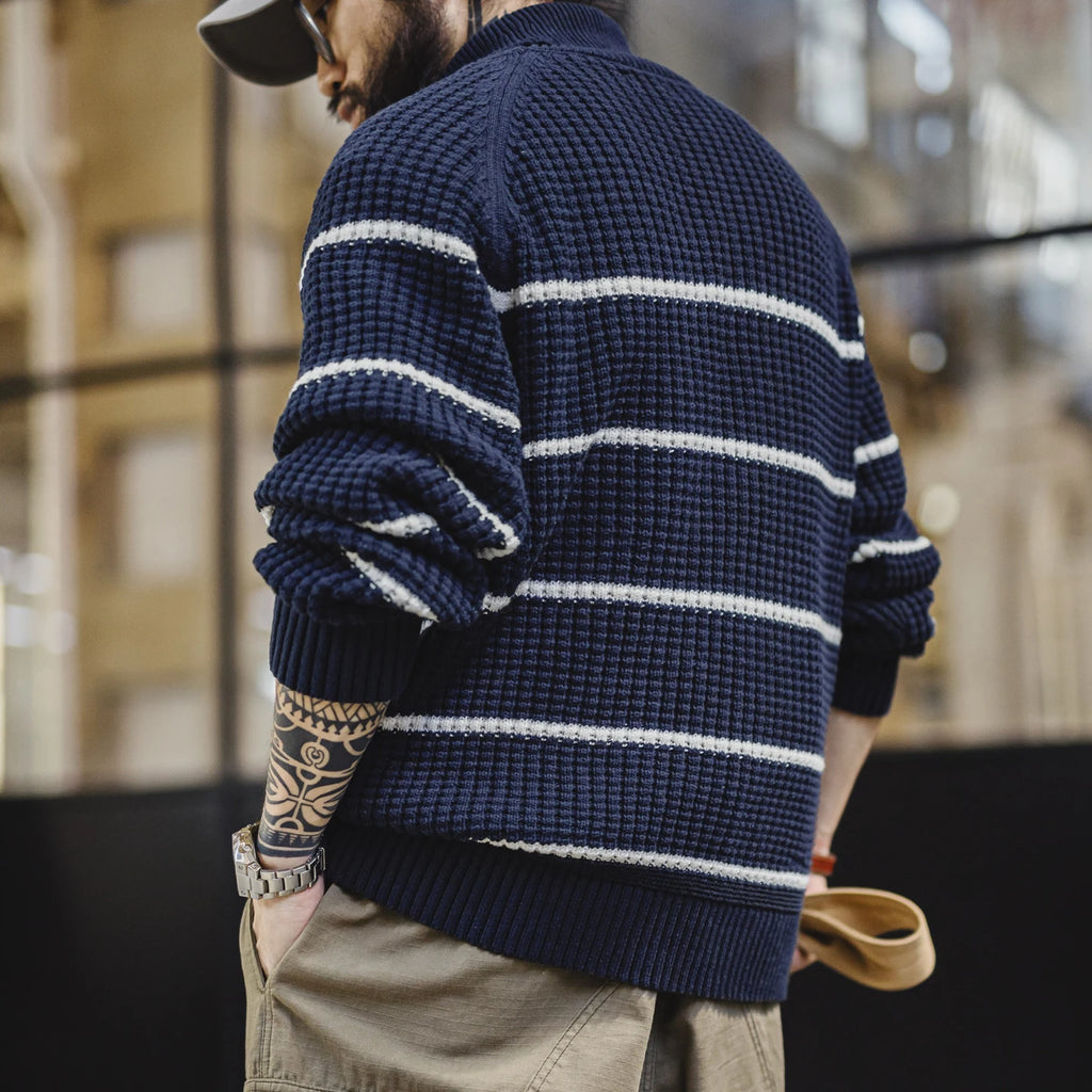 Maden Men’s Thick Turtleneck Knit Sweater Winter Warm Striped Pullover Retro Style Layering Soft Knitwear