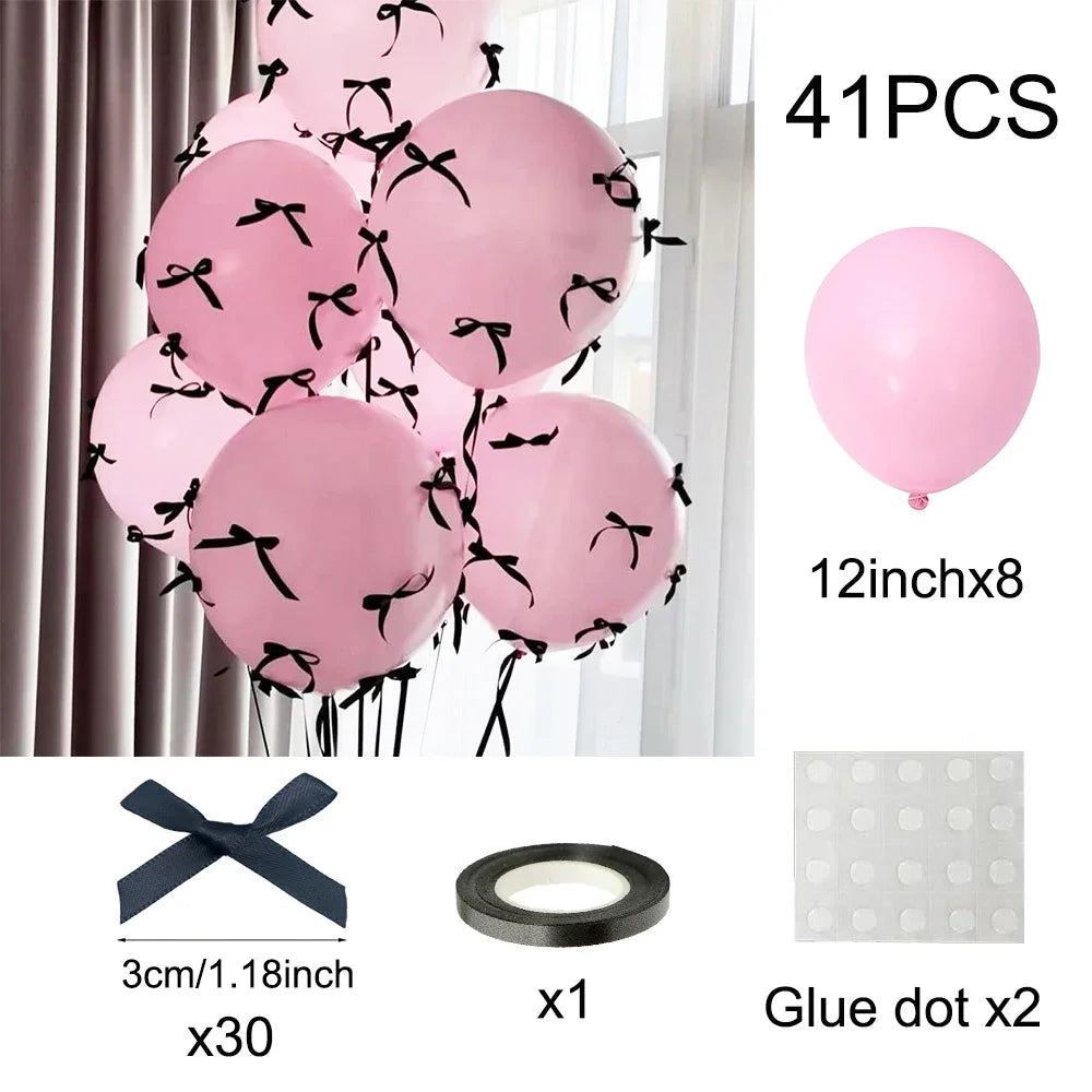 Bow Balloons Set White Balloon Mini Pink Ribbon Bows Girls Birthday Party Decor Birthday party Wedding Bridal Valentine's Day