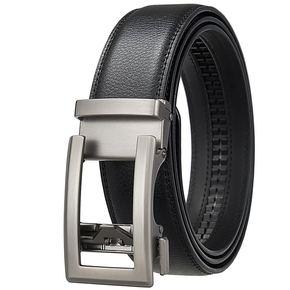 Mens automatic leather belt featuring a black leather strap with a sleek brushed silver-tone automatic buckle for formal wear.