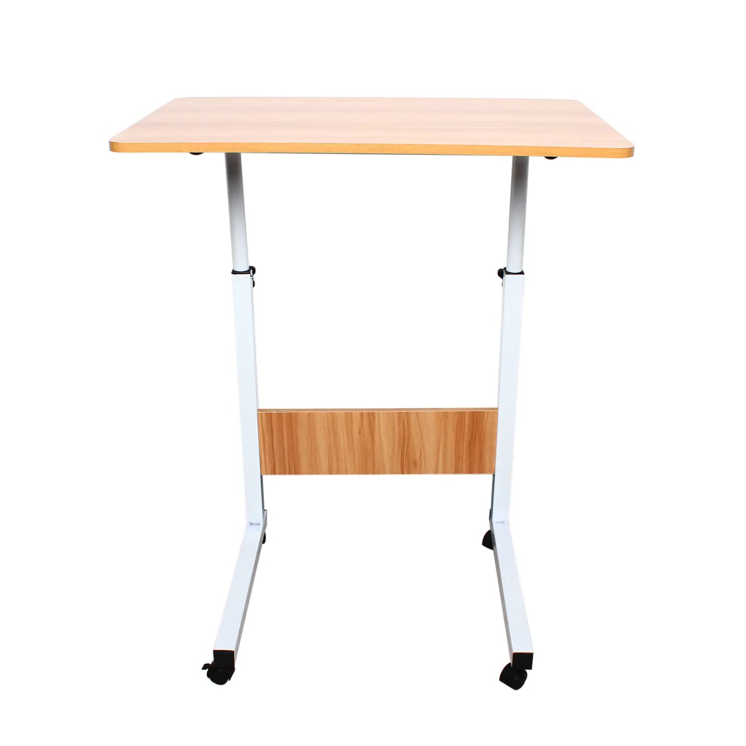 Tablette roulante pour ordinateur portable à hauteur réglable, avec plateau à grain de bois clair, structure en métal blanc et roues pivotantes noires pour plus de mobilité.