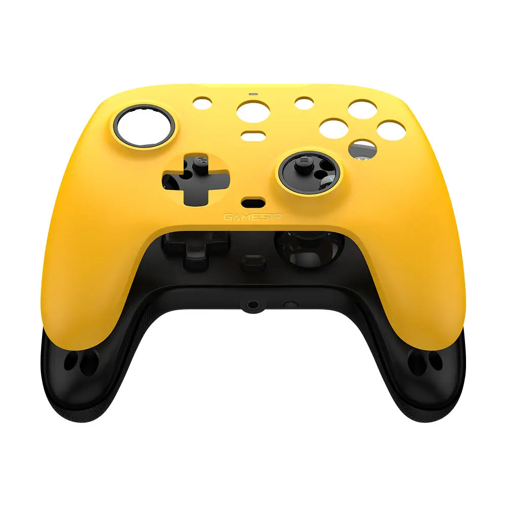 Bright yellow plastic controller shell with black accents and gamesir brand name shown as part of the Gamesir G7 magnetic faceplate and accessories kit.