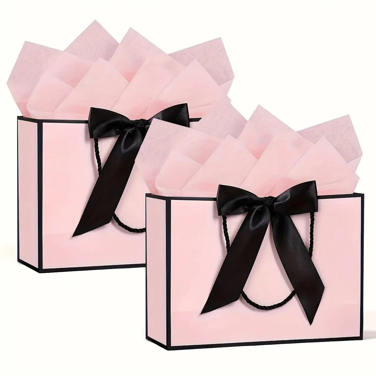Sachets cadeaux roses avec nœuds en satin noirs et bordure noire, agrémentés d’un ensemble de cartes assorties pour des présents élégants