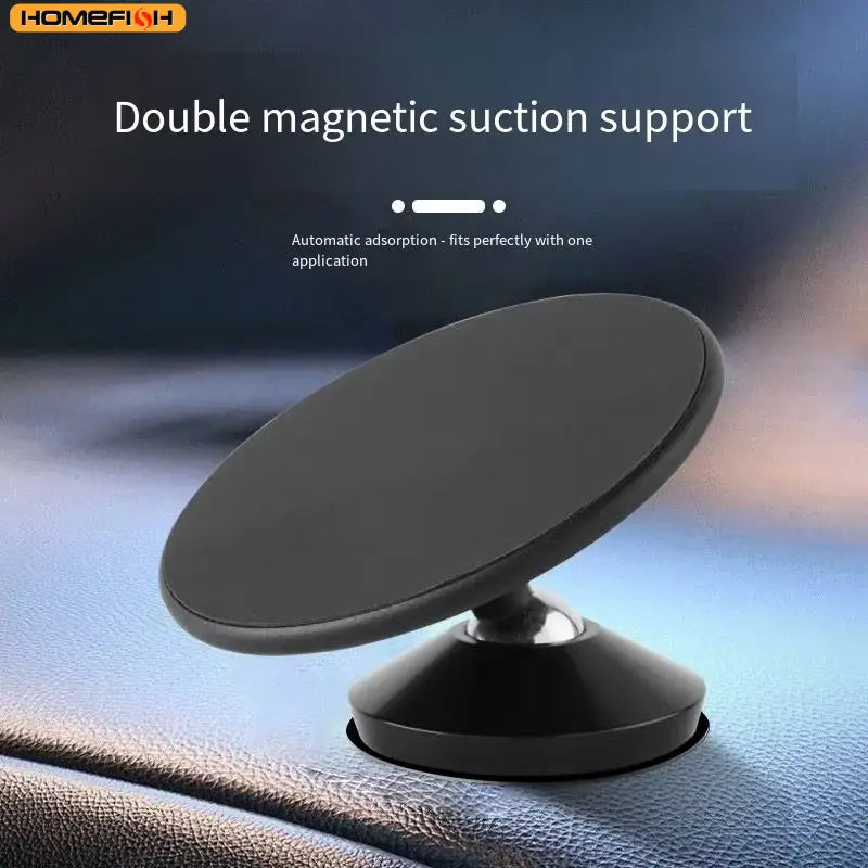 Soporte magnético negro para teléfono con un diseño circular elegante y dos ventosas de succión dobles para una fijación segura, mostrado desde el ángulo frontal