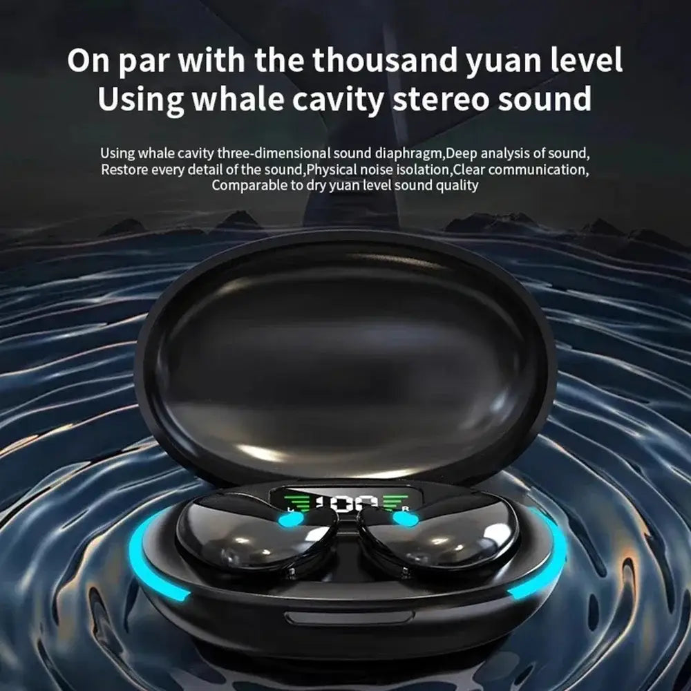 black wireless sleeping earbuds with blue led lighting in a sleek oval-shaped charging case featuring bluetooth 5.3 technology and a mini design for comfortable use.