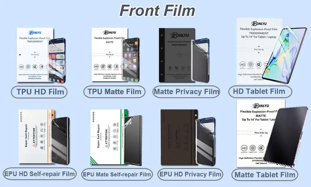 La imagen muestra únicamente películas protectoras de pantalla de la marca Onlyu, incluidas una película HD de TPU y una película EPU de autorreparación, en acabados transparente, mate y de privacidad, para teléfonos móviles y tabletas, junto con una máquina de laminación al vacío de película para teléfonos móviles.