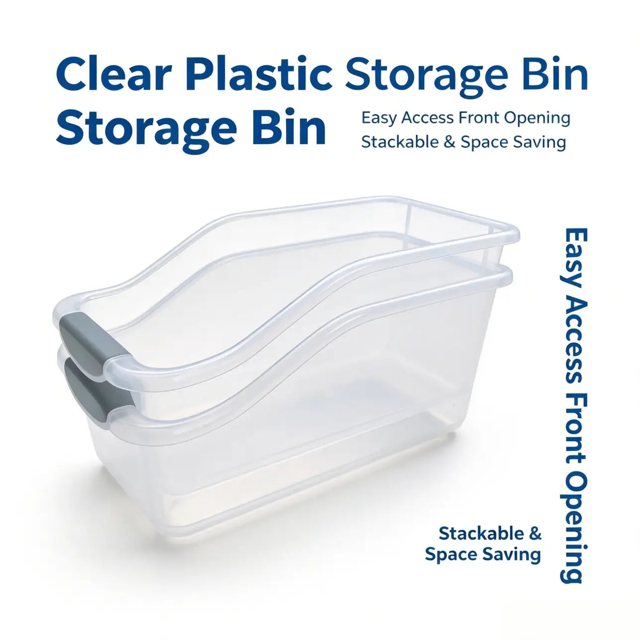 Clear plastic storage box with gray lid set featuring a clear plastic storage bin with gray handle accents and a front-opening design.