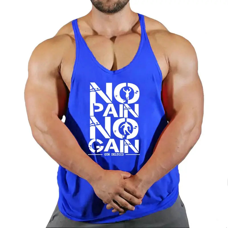 ジムをテーマにしたシルエットと、小さな「gym deliode」ロゴをあしらった、太い白の「NO PAIN NO GAIN」グラフィックが特徴の鮮やかな青の男性用ジムタンクトップ。クイックドライのフィットネスワークアウトシャツ。
