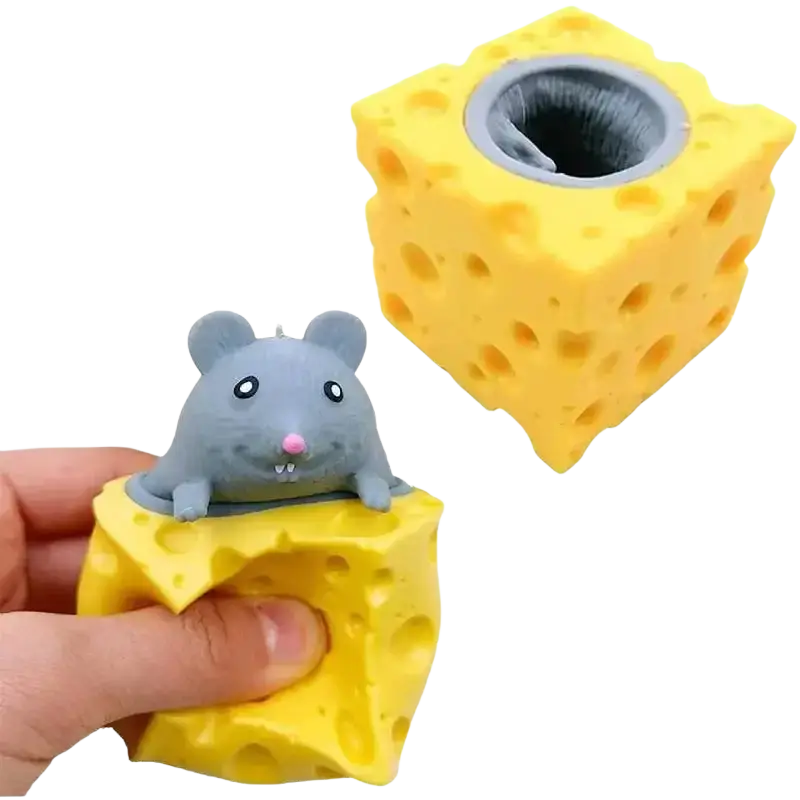 Front view of yellow cheese mouse cup stress relief toy with gray mouse figurine peeking out from the top