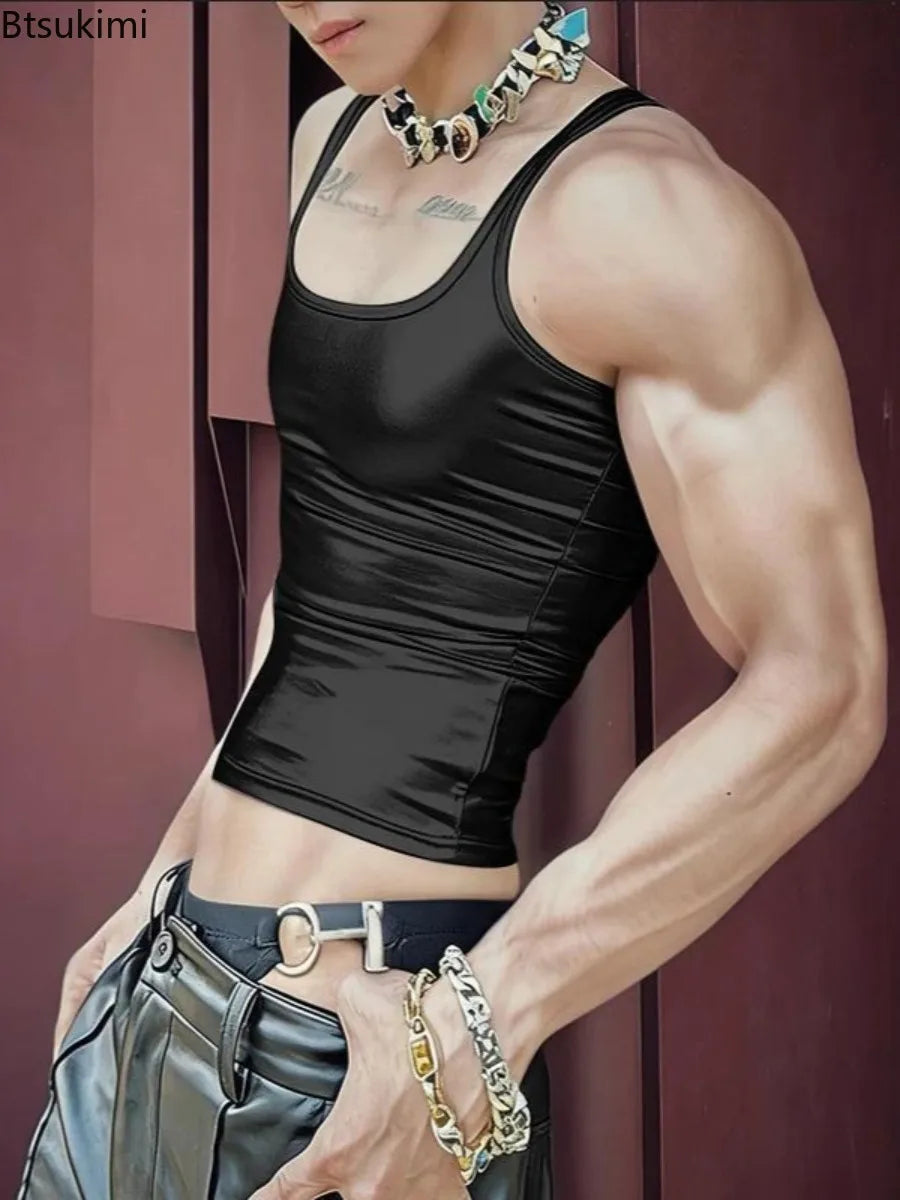 Men's Streetwear Vintage Shiny Tank Tops Fashionable Slim Fit Stretch Crop Camisoles Men Summer Casual Sleeveless U Neck Vests