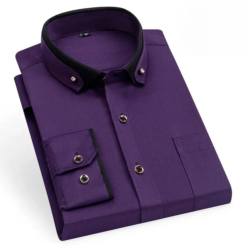Men dress shirt in purple with black contrast collar and cuffs featuring metallic buttons made from anti-wrinkle fabric for long sleeve wear.