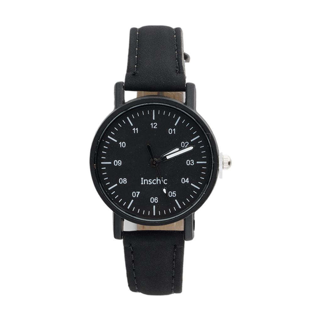 Black leather strap women quartz watch with a minimalist black dial, white hour markers and hands, featuring the inschic brand name at the center, made of pu leather and waterproof for wristwear.