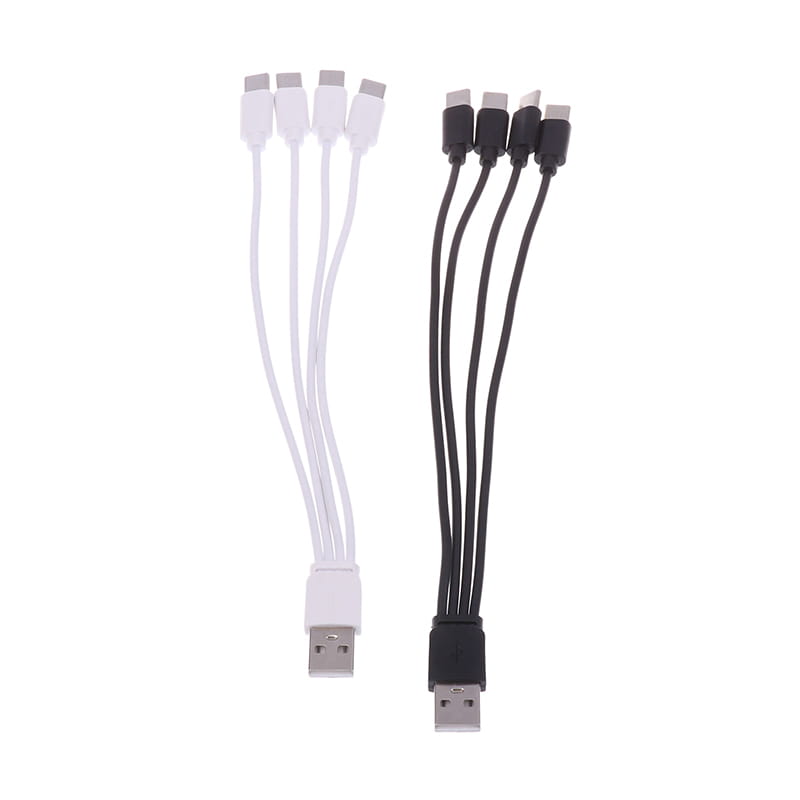 ホワイトおよびブラックの急速充電対応「4 in 1」USB-C充電ケーブルセット。USB-A充電ケーブル1本から分岐し、それぞれ個別のコード4本がつながった構造で、長さは20cmです。
