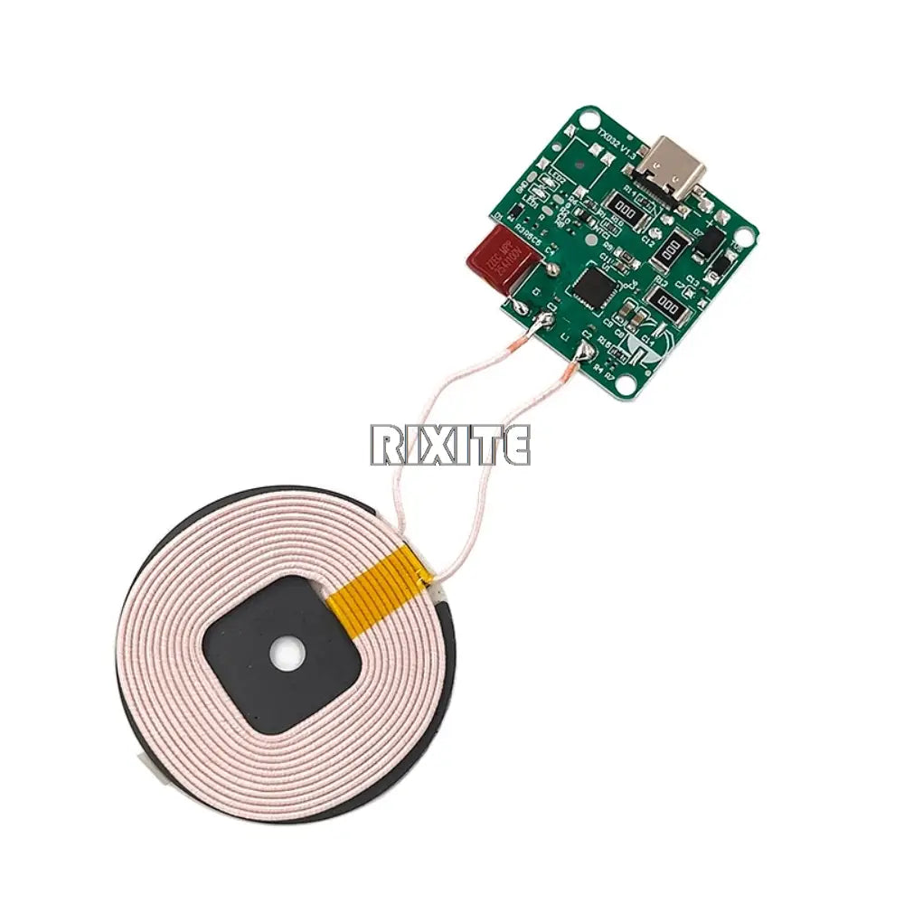 Green wireless charger with circular coil and USB-C port supporting 15w fast charging and 12v input type c module.
