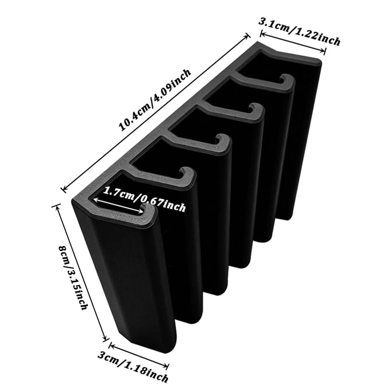 Pièces de finition d’angle en L en plastique noir mesurant 10,4 cm, avec des bords intérieurs courbés, pour une installation sans raccord dans un support de rangement en plastique pour couvercles peu encombrant.