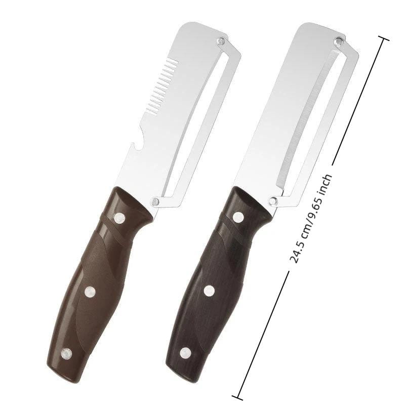 Set aus zwei Edelstahl-3-in-1-Gemüseschälern mit dunkelbraunen ergonomischen Griffen für ein effizientes Schälen.