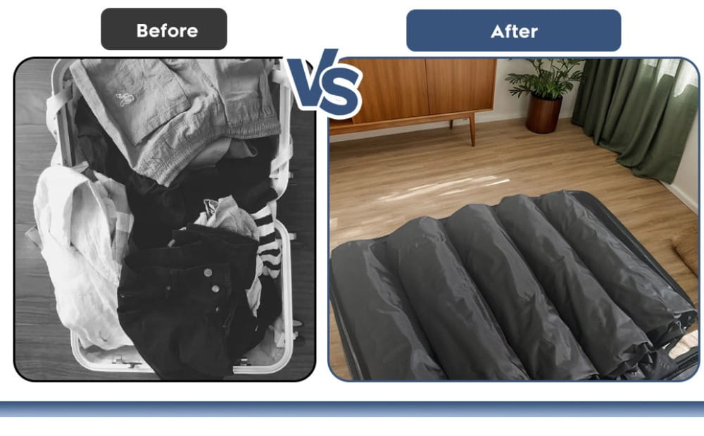 Sacs de stockage sous vide en tissu noir, enroulés avec soin et rangés dans une valise, mettant en valeur des sacs sous vide à enrouler pour une compression lors des voyages.