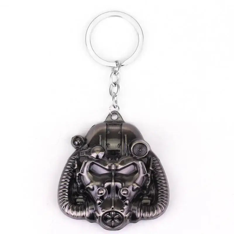 Dark metallic keychain featuring a detailed fallout 4 power armor helmet design for fans of the Fallout Power Armor Helmet Keychain product.
