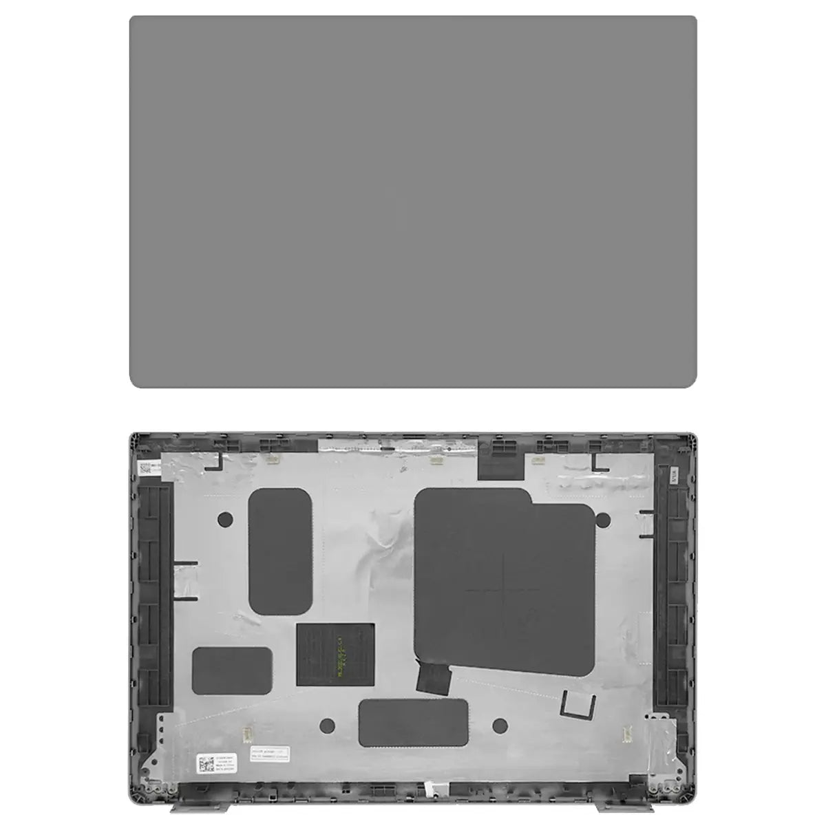 Graues Dell Latitude 5530 5531 Ersatz-Notebook-Unterteil mit schwarzen Kunststoffkomponenten und Klebepads, die die Rückseite des Modells 09T2NW 026RHC zeigen.