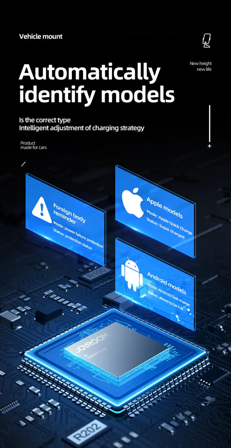 blue-lit digital display showcasing a car wireless charger and fast charging mount with ai-powered model identification for apple and android devices