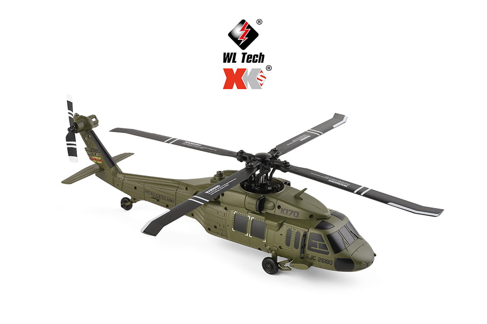 Olive green and black wltoys k170 uh-60l remote control helicopter model with detailed markings featuring an 800mah 20c battery for extended flight time.