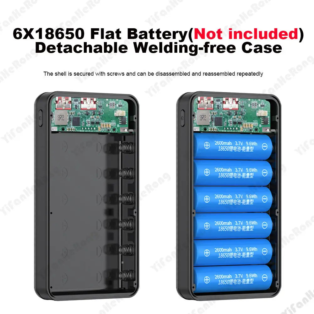 Schwarzes, abnehmbares Powerbank-Gehäuse ohne Schweißarbeiten, ausgelegt für die Aufnahme von sechs blauen 18650-Batterien, für schnelles Laden, dargestellt mit sichtbarem Innenbereich