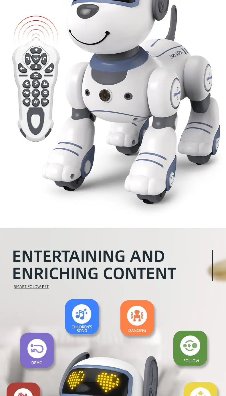白と青の配色のスマートロボット犬のおもちゃの音声制御機能付き。関節のある手足、移動用の車輪、にこやかな表情を備えています。