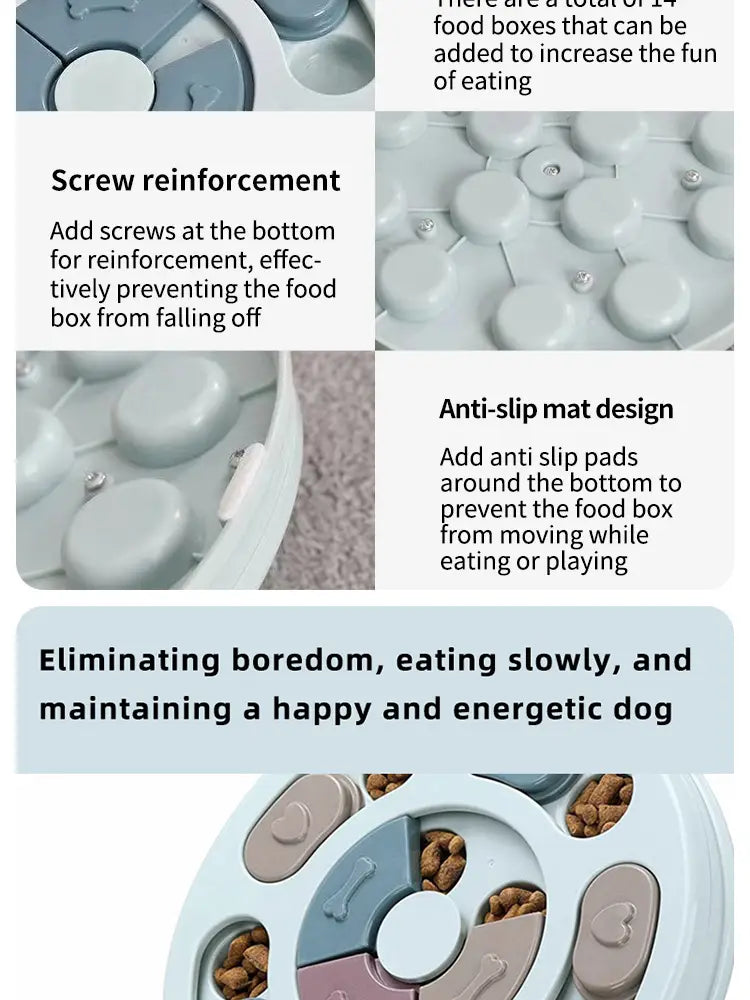 White and gray plastic interactive dog puzzle slow feeder toy with multiple compartments designed for slow feeding.