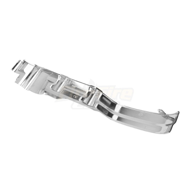 Chrome inner primary accent cover for Harley touring 17-22 with a chrome-finished metal car bumper cover featuring a sleek angular design and integrated mounting brackets.