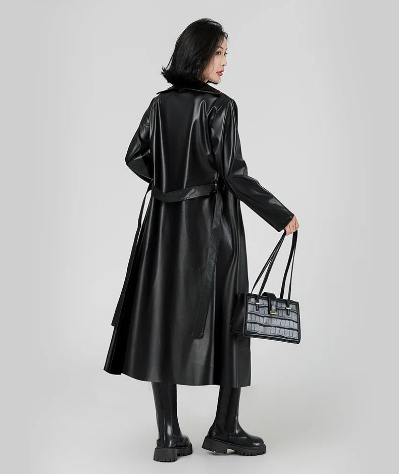 Faux Leather Coats Women Trench Jacket Pu Outerwear Belt Tight Waist Turn Down Collar Autumn Punk Streetwear Windbreaker
