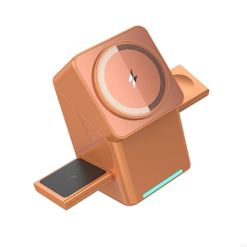 Ladestation für drahtloses Laden mit 15 W aus Roségold, drehbar, mit kreisförmiger Induktionsfläche und integriertem Kartensteckplatz für Smartphones.