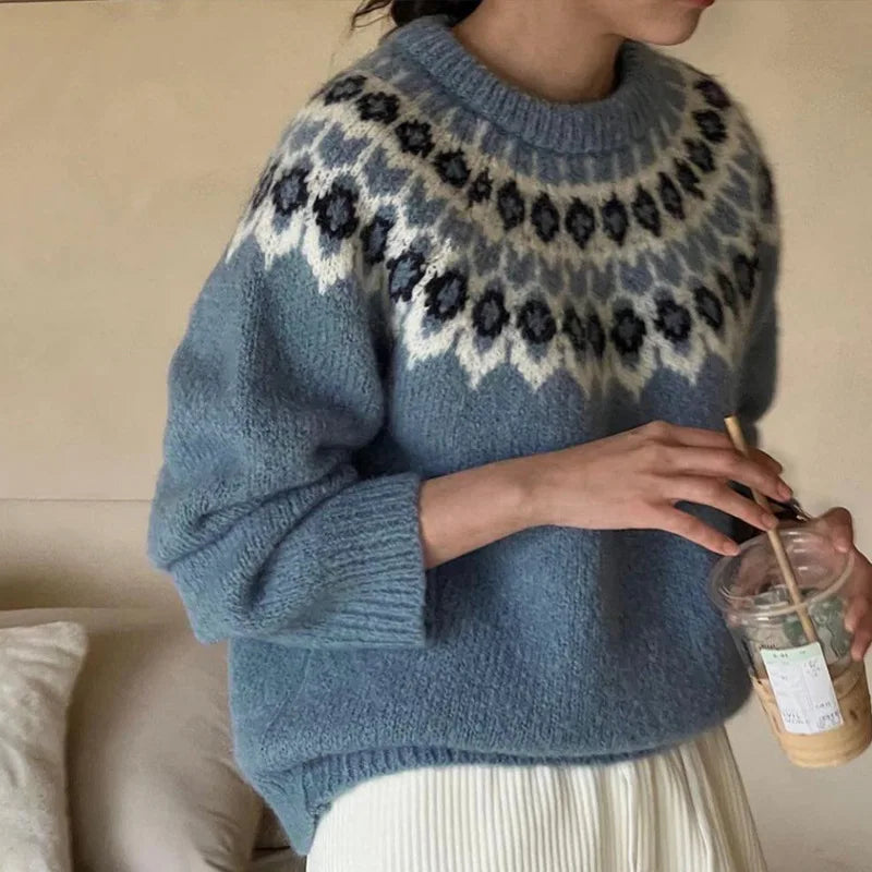 2025 New Autumn and Winter Cross-border Ethnic Style Long-sleeved Round-neck Fair Isle Sweater