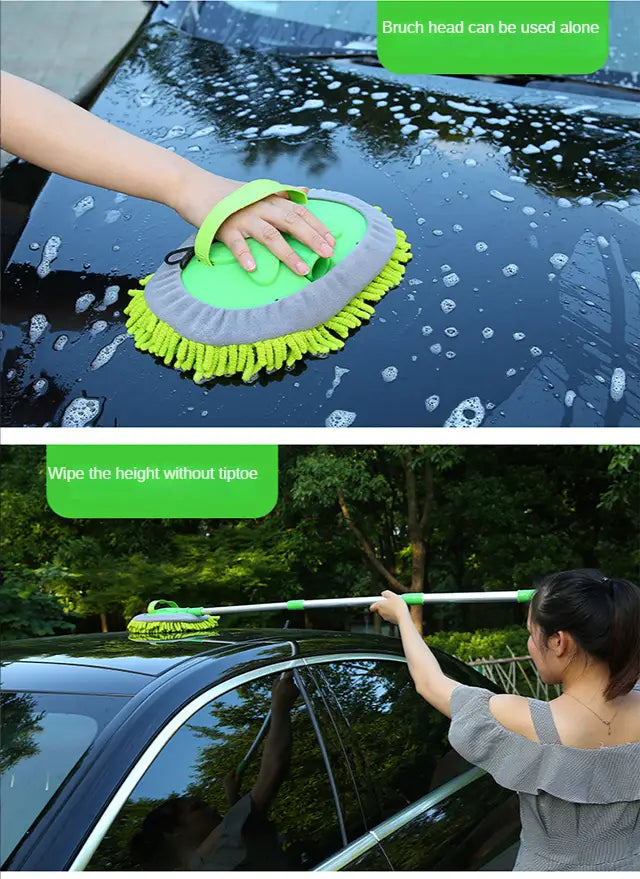 Guante de lavado de coche de microfibra verde y gris con mango largo para llegar con facilidad, mostrado desde el lado posterior como parte de la fregona telescópica para lavado de coches con cepillo de microfibra desmontable.