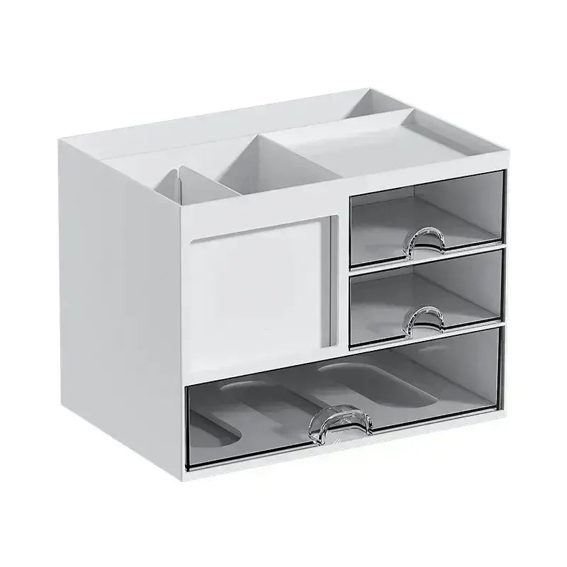 White desk organizer with clear translucent acrylic drawers and silver handles for efficient storage and organization.