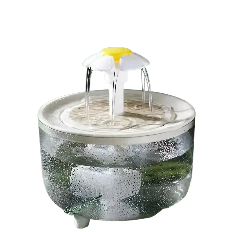 White and yellow daisy-shaped pet water dispenser with clear glass base for automatic pet water filtration