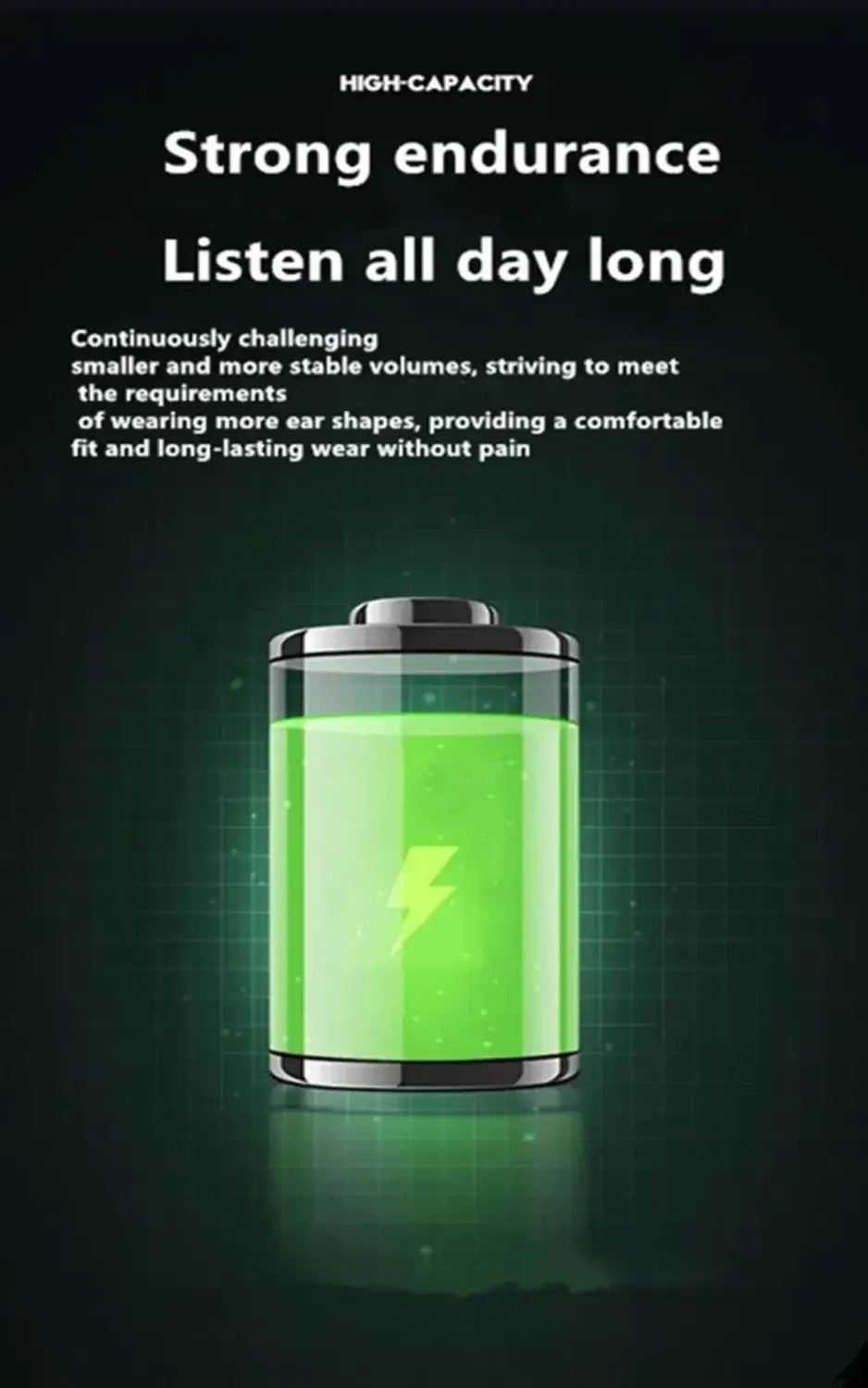 a sleek cylindrical green battery with metallic silver top and bottom rim for ear clip lightweight bluetooth 5.3 sport headphones