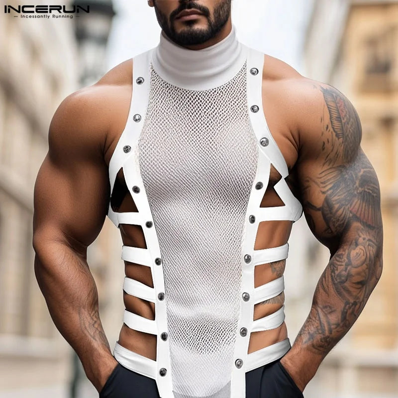 Men Tank Tops Mesh Patchwork See Through Turtleneck Sleeveless SummerMale Vests Streetwear Hollow Out Sexy Men Clothing INCERUN