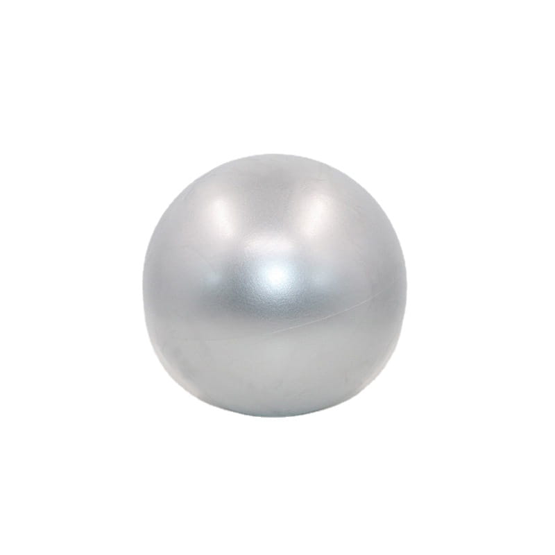 a lustrous spherical silver pilates ball made of durable material with a smooth reflective surface designed for explosion proof yoga core fitness exercises measuring 25cm